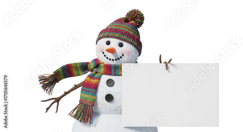 Snowman holding blank sign isolated on transparent background