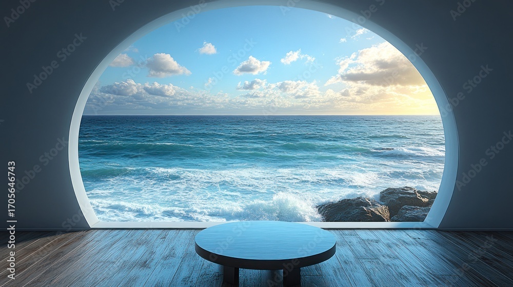 Fototapeta premium Coastal, modern, minimalist interior with ocean view