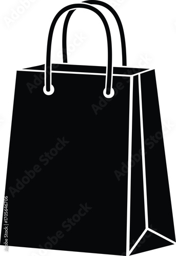 A black silhouette illustration of a paper shopping bag with handles, viewed from a slight angle.