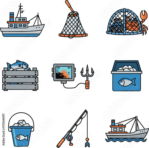 Fishing equipment and seafood icons depicting various tools and catches used in the fishing industry, showcasing the essence of maritime activities.