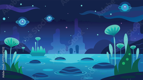Surreal underwater garden with glowing flowers and abstract blue mountain landscape vector illustration