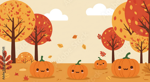 Cute autumn pumpkins in a fall forest with trees and falling leaves illustration