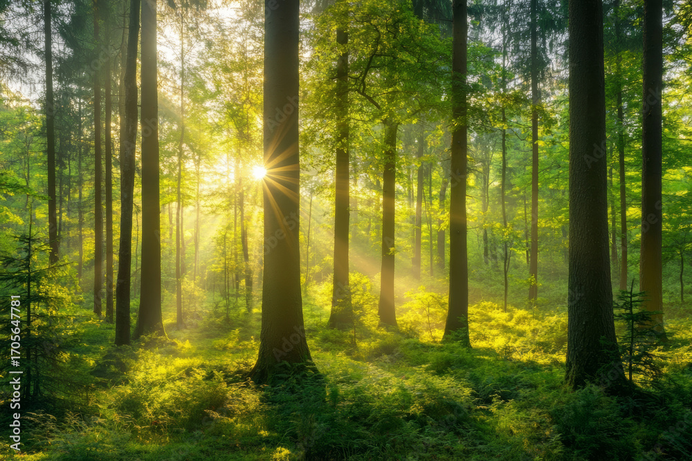 Fototapeta premium Lush green forest with sunlight filtering through trees, creating peaceful and vibrant natural scene with bright rays and dense foliage