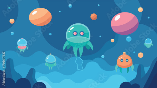 Surreal underwater landscape with floating islands and alien structures vector illustration