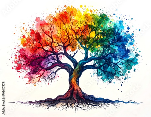 Vibrant rainbow tree with splatter effect