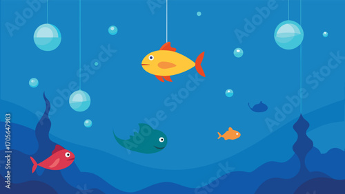 Surreal underwater landscape with giant mushrooms and floating clouds vector illustration