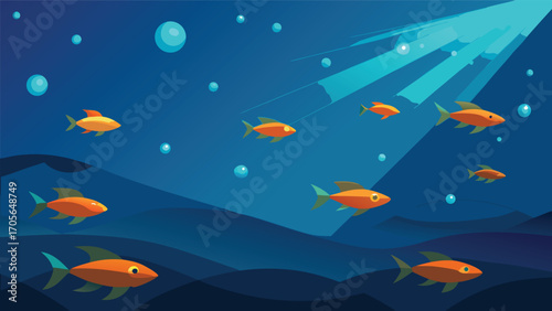 Surreal underwater realm with whimsical sea creatures and floating spheres