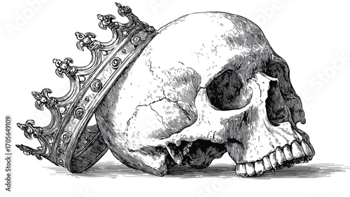 Woodcut Style Vector of Human Skull Adorned with Crown - Professional and Artistic Illustration for Design Projects