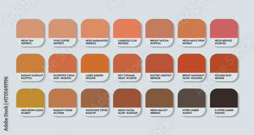Neon Brown Color Guide Palette with Color Names. Catalog Samples of Neon Brown with RGB HEX codes and Names. Neon Brown Colors shades Vector, Brown Color Palette, Orange Fashion Trend  Color Tones