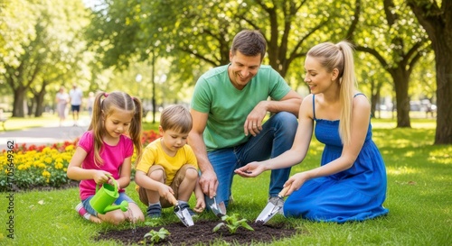 Family Planting Seedling in Garden