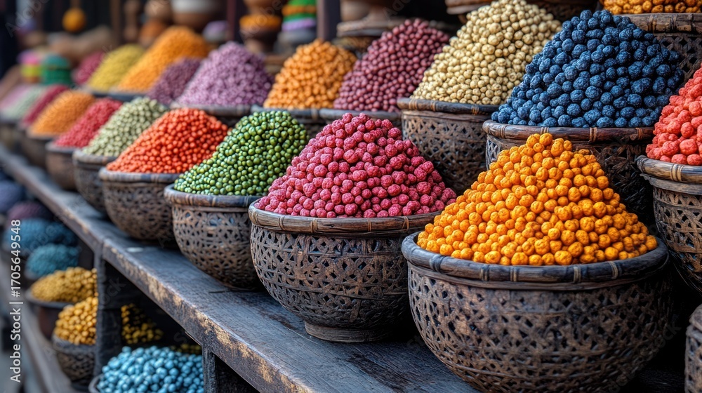 Fototapeta premium Colorful Dried Beans and Spices in Baskets