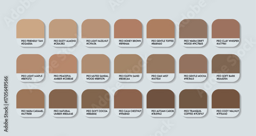 Peo Brown Color Guide Palette with Color Names. Catalog Samples of Peo Brown with RGB HEX codes and Names. Peo Brown Colors shades Vector, Walnut wood Color Palette, Nice Brown Fashion Trend Tones