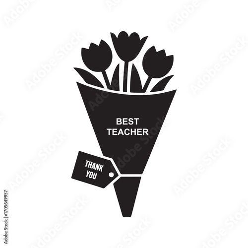 Elegant Flower Bouquet Silhouette with Thank You Tag for Best Teacher Appreciation Gift Design