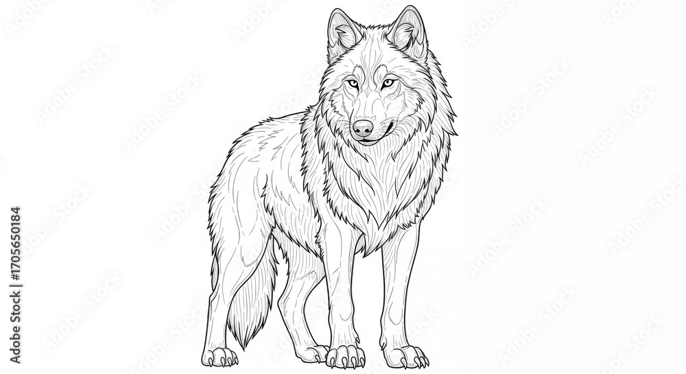 Fototapeta premium Standing wolf illustration in black and white line art style