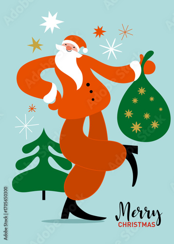 Santa Claus with gifts, xmas illustration, christmas card	
