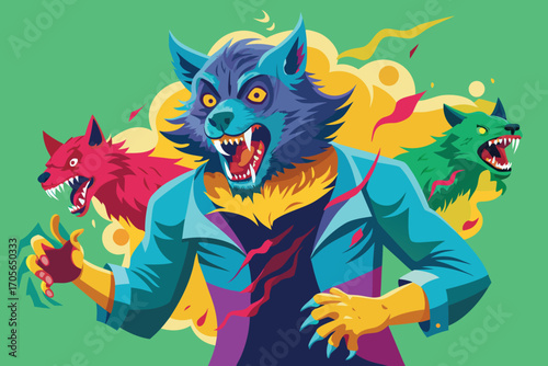 Vector art of a menacing werewolf with sharp teeth and claws, surrounded by a chaotic aura of transformation and aggression