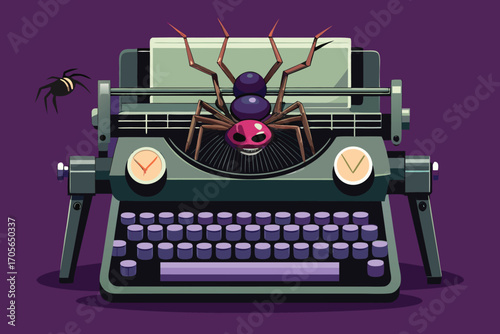 Vector art of a vintage typewriter with a spider crawling on it, symbolizing writers block and creative challenges in writing