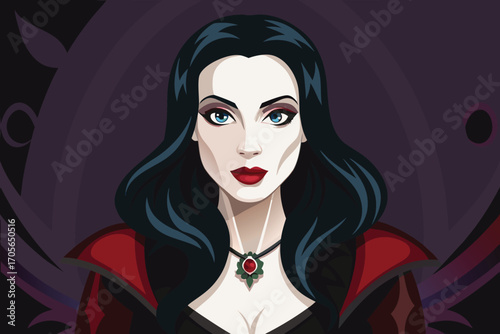 Vector art of portrait of a beautiful vampire woman with long black hair, pale skin, and red lips against a dark background