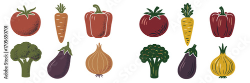 Stylized collection of fresh organic garden vegetables including tomatoes carrots bell peppers broccoli eggplant and onions