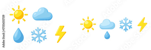 Collection of colorful weather forecast symbols including sun, cloud, raindrop, snowflake, and lightning bolt