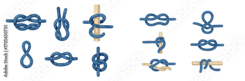 Collection of different nautical knots and rope ties for sailing, boating, and various outdoor activities