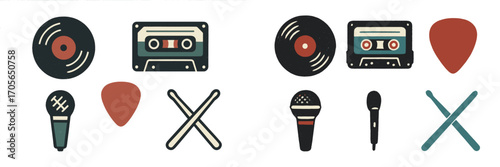 Vintage music instruments and audio equipment including vinyl records, cassette tapes, microphones, and drumsticks