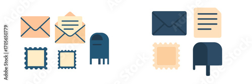 Postal service items with envelopes, letters, postage stamps, and mailboxes for delivery and messaging