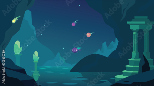 Tranquil lagoon clear water starfish beach seascape ocean tropical vacation vector illustration
