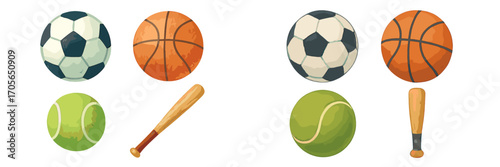 Assortment of popular sports equipment including soccer balls, basketballs, tennis balls, and baseball bats