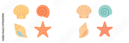 Vibrant assortment of colorful seashells and starfish in a clean flat design representing marine life and ocean elements