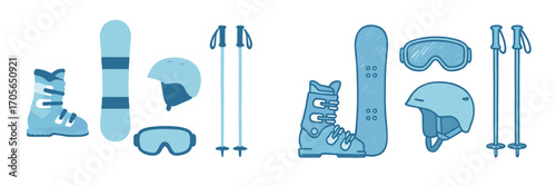 Winter sports equipment set including ski boots, snowboard, helmet, goggles, and ski poles for cold weather activities