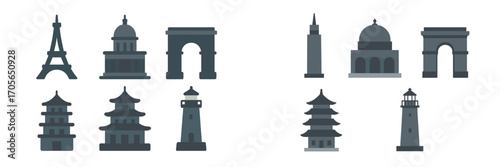 Modern graphic collection of international architectural landmarks and famous global travel monuments