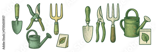 Collection of essential gardening tools including a trowel, hand fork, pruning shears, watering can, and seed packet