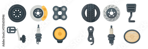 Collection of essential vehicle components including tires, brakes, pedals, and spark plugs