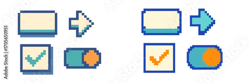 Colorful pixel art icons for user interface elements including checkboxes, toggles, and navigation arrows