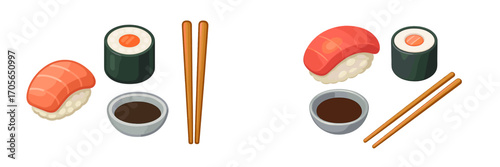 Popular Japanese sushi dishes with fresh salmon nigiri, maki rolls, soy sauce, and elegant wooden chopsticks