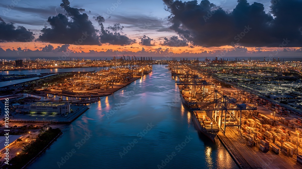 Obraz premium Vibrant Aerial View of a Busy Port at Dusk, Illuminating Nighttime Activity with Lights