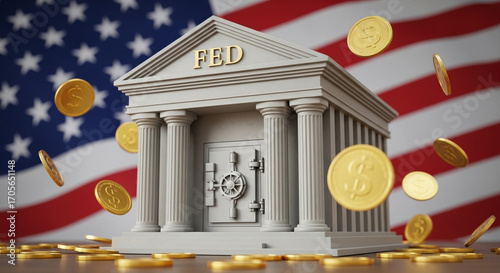 Photo of gold coins rain down in front of a federal reserve building with the american flag waving in the background