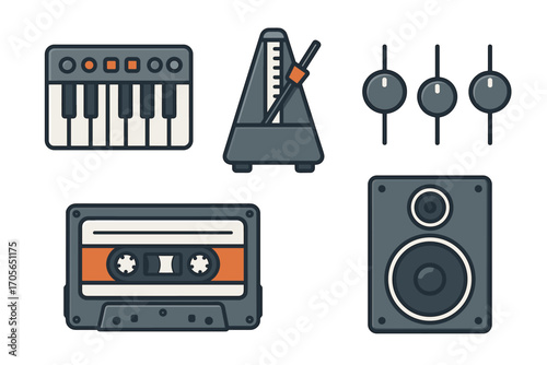 Assortment of musical instruments and audio equipment icons featuring a keyboard, metronome, cassette tape, and speaker