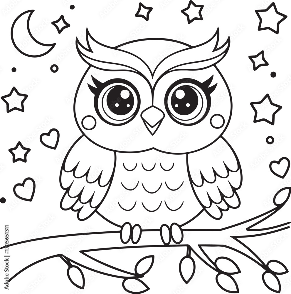 Fototapeta premium Adorable Owl on a Branch Under the Moon and Stars Coloring Sheet