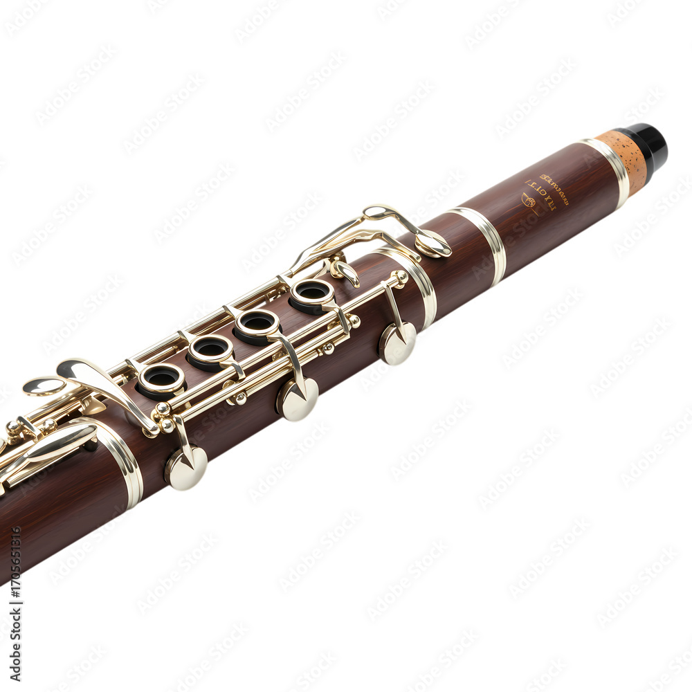 Fototapeta premium Clarinet Closeup Musical Instrument Detail Woodwind Brass Keys on transparent background