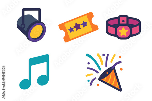 Collection of event and celebration icons including spotlight, ticket, wristband, musical note, and party popper