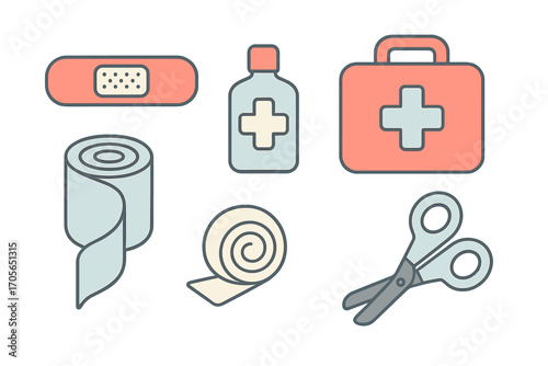 Essential first aid supplies including bandages, antiseptic bottle, medical kit, gauze roll, adhesive tape, and scissors for emergency care