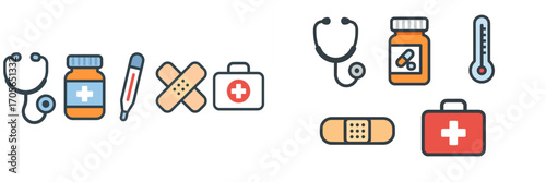 Vital healthcare and medical supplies including stethoscope, thermometer, bandages, medicine, and first aid kit