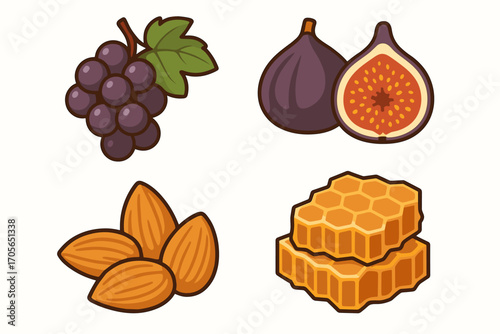 Delicious natural food collection featuring fresh grapes, ripe figs, crunchy almonds, and golden honeycomb pieces