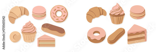 Sweet pastries and desserts in paper cut style with layered effect and soft pastel colors on white background