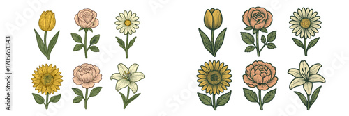 Elegant botanical collection of blooming garden flowers in a classic engraved style featuring tulips roses daisies sunflowers peonies and lilies