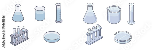 Isometric set of chemistry lab equipment including flasks, beakers, test tubes, and petri dishes for scientific experiments