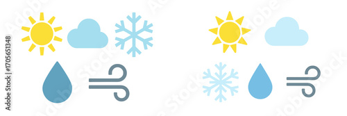 Various weather condition symbols including sun, cloud, snowflake, rain, and wind, representing different atmospheric states and forecasts