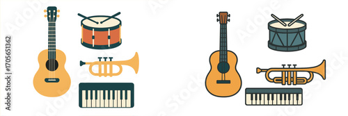 Assortment of popular musical instruments for creating melodies and rhythms, featuring guitar, drum, trumpet, and keyboard
